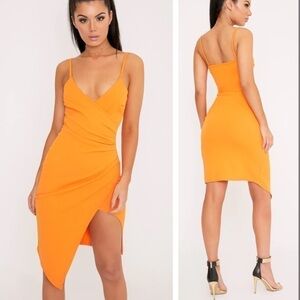 PrettyLittleThing Lauriell Bright Orange Wrap Front Crepe Midi Dress Siz…
